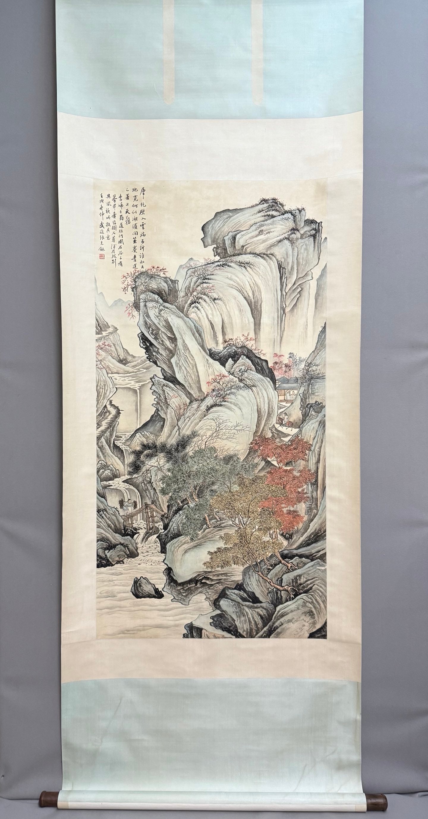 A Chinese Vertical Scroll Ink Painting of Landscape and Figure on Paper,Zhang Shiyuan (1 of 8)