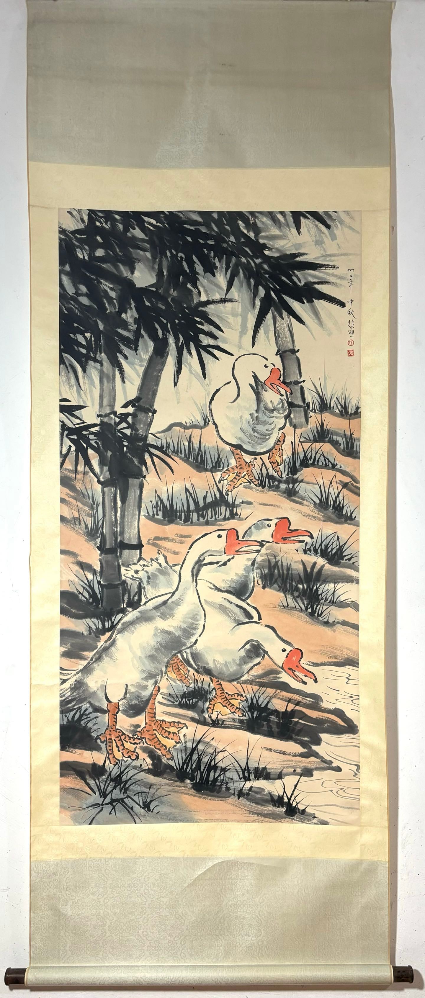A Chinese Vertical Scroll Ink Painting of Goose on Paper,Xu Beihong (1 of 9)