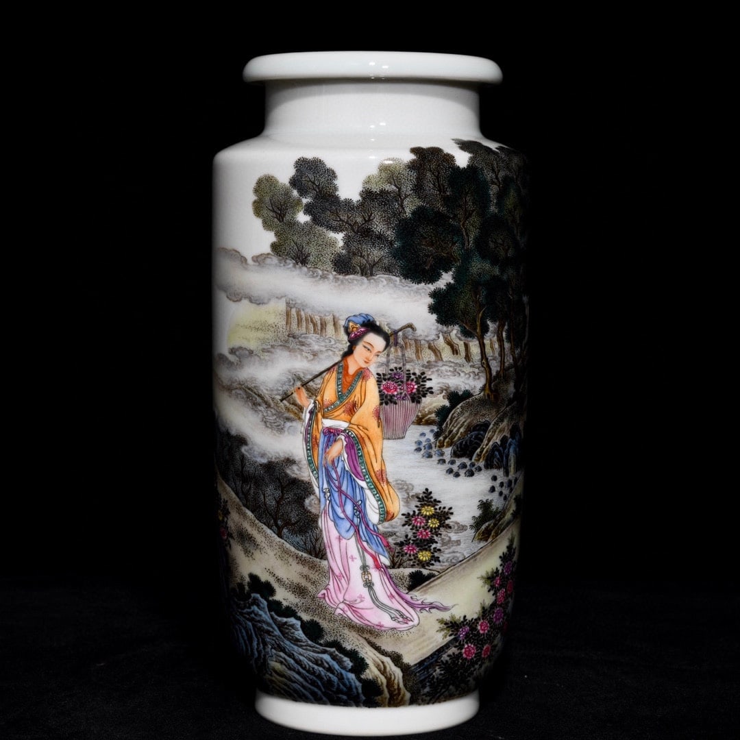 An Exquisite Famille-Rose Landscape and Woman Pattern Vase,With Poem: An Exquisite Famille-Rose Landscape and Woman Pattern Vase,With Poem,Qing Dynasty, China,Yongzheng Four-character Mark,Size:8.1inx3.9in 