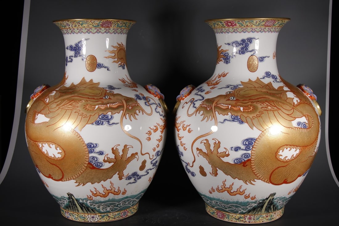 A Pair of Huge Enamel Painted Gold Auspicious Cloud and Dragon Pattern Double-Ears Vases: A Pair of Huge Enamel Painted Gold Auspicious Cloud and Dragon Pattern Double-Ears Vases, Qing Dynasty, China,Qianlong Four-character Mark,Size:20.1inx8.5inx8.3in 