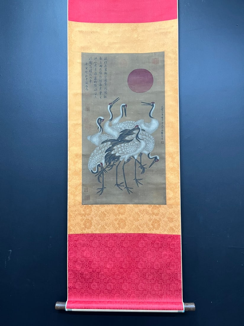 A Chinese Vertical Scroll Ink Painting of Crane on Silk,Cui Bai: A Chinese Vertical Scroll Ink Painting of Crane on Silk,Cui Bai,Size:14.8inx26.8in 一幅中国水墨绢本鹤图立轴,崔白