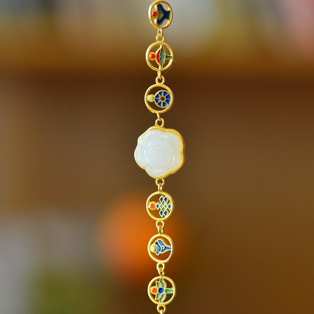 An Exquisite Sterling Silver-Gold Plated Inlaid White Jade Enamel Bracelet: An Exquisite Sterling Silver-Gold Plated Inlaid White Jade Enamel Bracelet 纯银镀金镶白玉珐琅手链