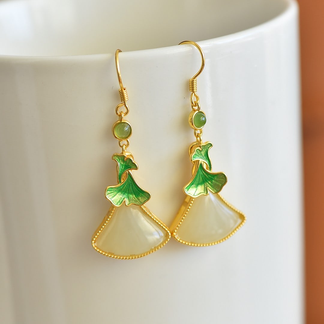 A Pair of Exquisite Sterling Silver-Gold Plated Inlaid White Jade Earrings,Inlaid Jaspers: A Pair of Exquisite Sterling Silver-Gold Plated Inlaid White Jade Earrings,Inlaid Jasper,Size:12mmx16mm 