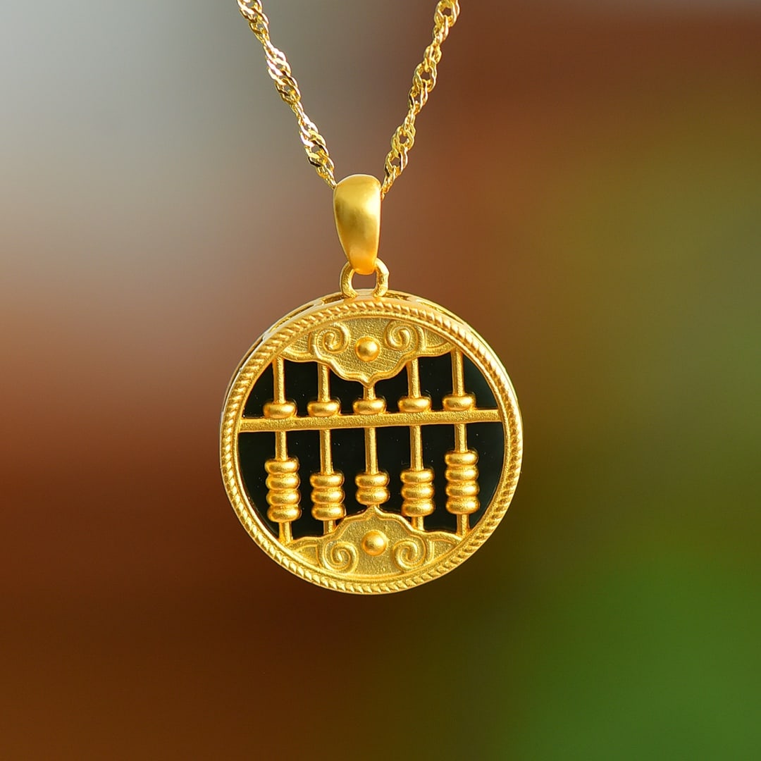 An Exquisite Sterling Silver-Gold Plated Inlaid Black Jade Pendant (1 of 5)