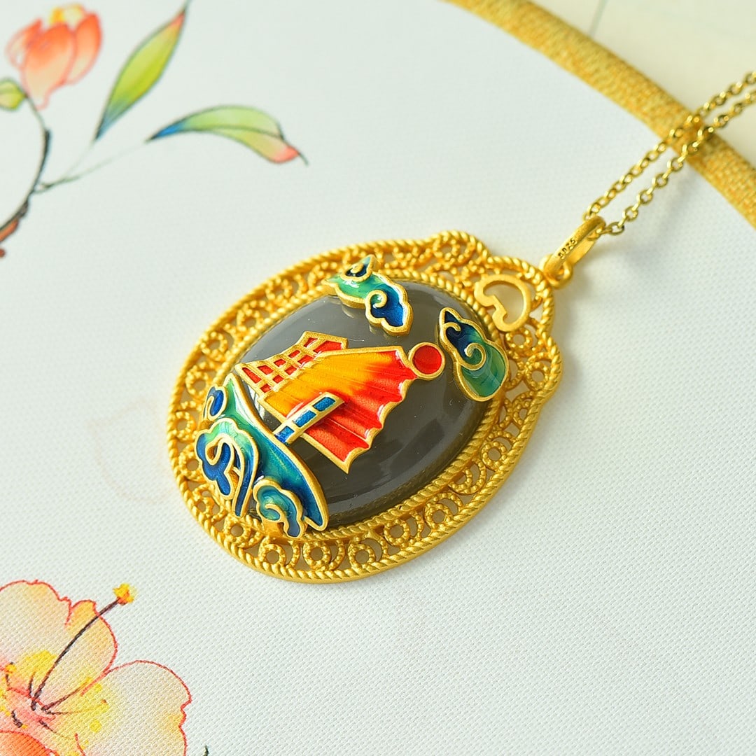 An Exquisite Sterling Silver-Gold Plated Inlaid White Jade Pendant: An Exquisite Sterling Silver-Gold Plated Inlaid White Jade Pendant 纯银镀金镶白玉吊坠