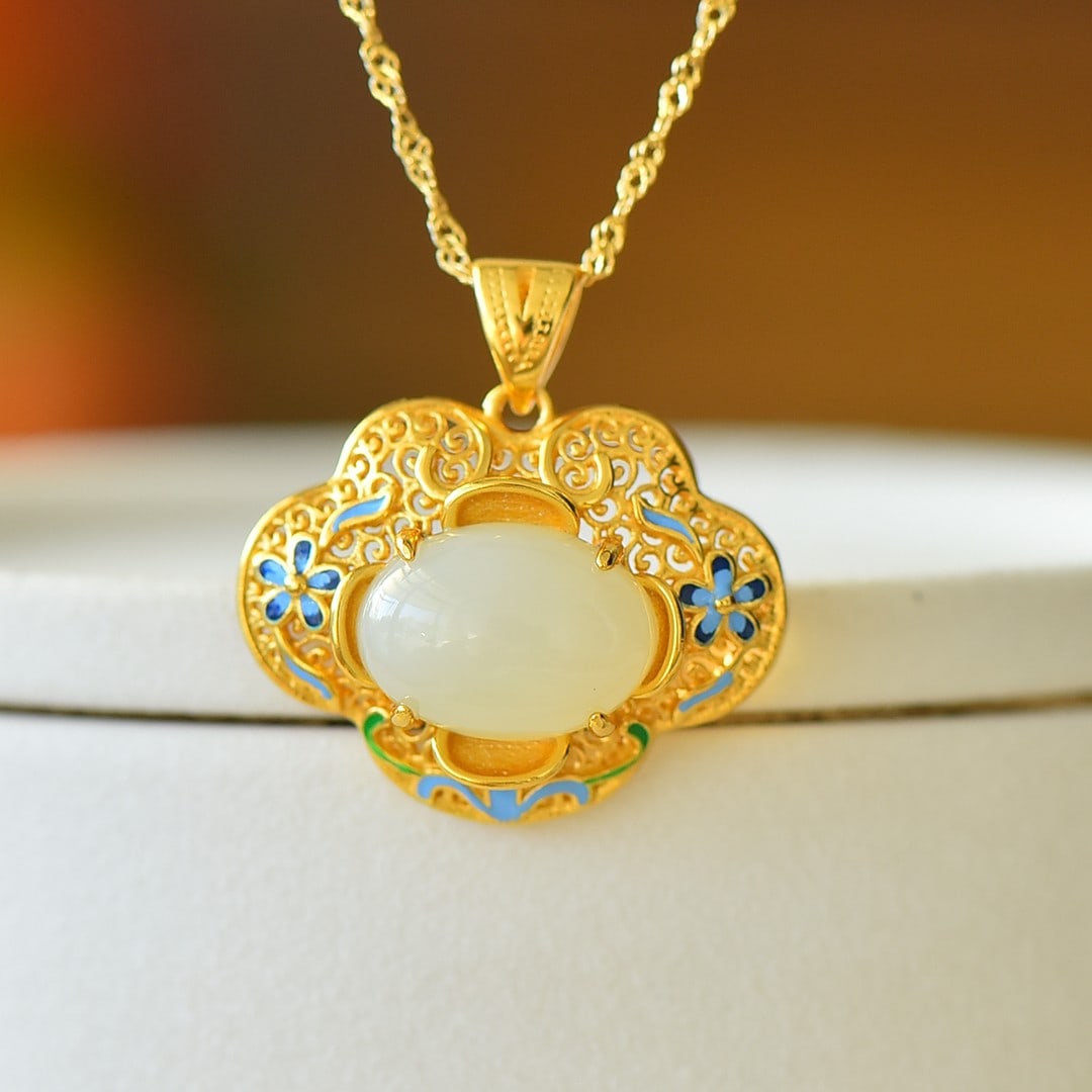 An Exquisite Sterling Silver-Gold Plated Inlaid White Jade Enamel Pendant: An Exquisite Sterling Silver-Gold Plated Inlaid White Jade Enamel Pendant 纯银镀金镶白玉珐琅吊坠