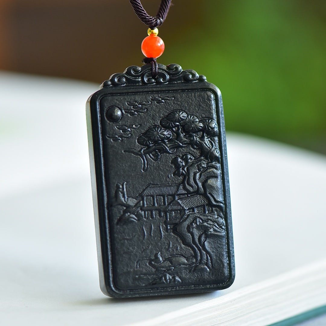 An Exquisite Sapphire Landscape and Figure Pattern Pendant: An Exquisite Sapphire Landscape and Figure Pattern Pendant,Size:61mmx40mmx8mm 青玉山水人物纹吊坠