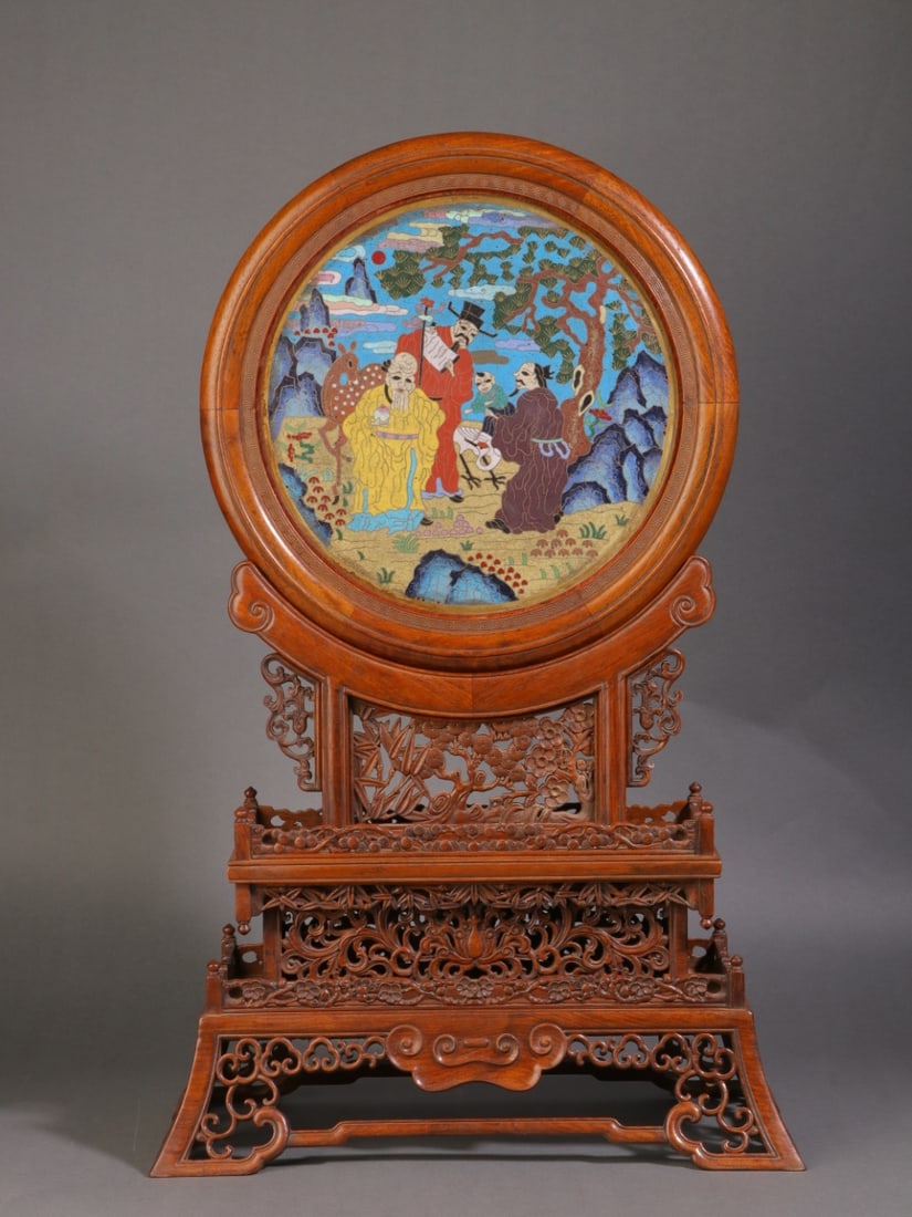A Exquisite Boxwood Inlaid Cloisonne Enamel Figures Pattern Table Screen Ornament: A Exquisite Boxwood Inlaid Cloisonne Enamel Figures Pattern Table Screen Ornament,Qing Dynasty, China,Size:25cmx17cmx56cm,Weight:2500g ?????????????????????,????
