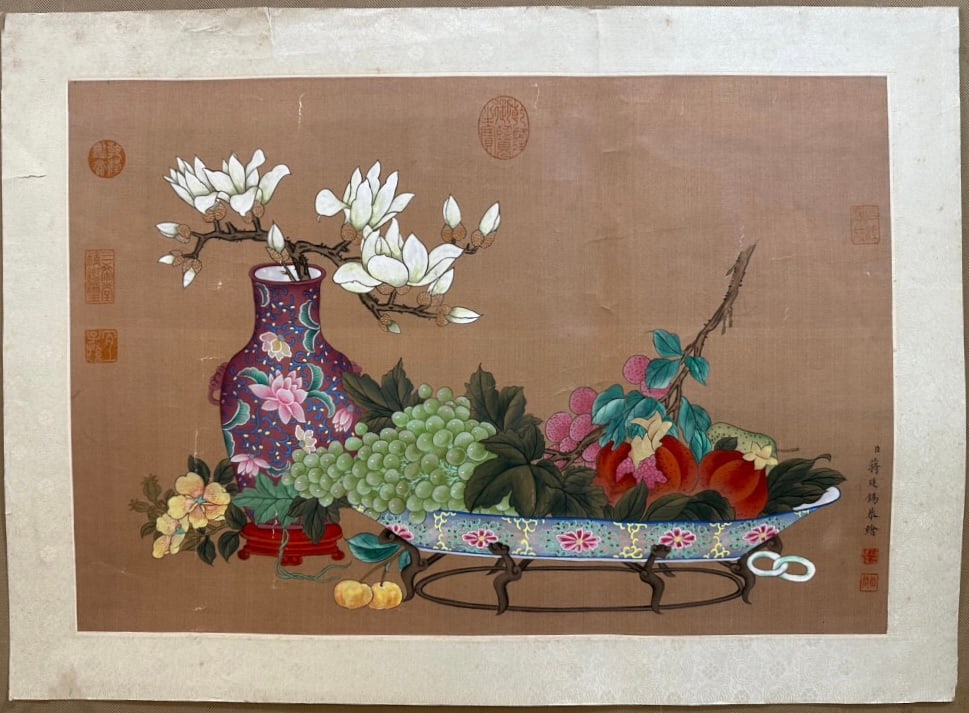 A Chinese Ink Painting of Flower and Fruit on Paper: A Chinese Ink Painting of Flower and Fruit on Paper,Qing Dynasty, China,Jiang Tingxi,without frame size:40cmx61cm ???????????,????,???
