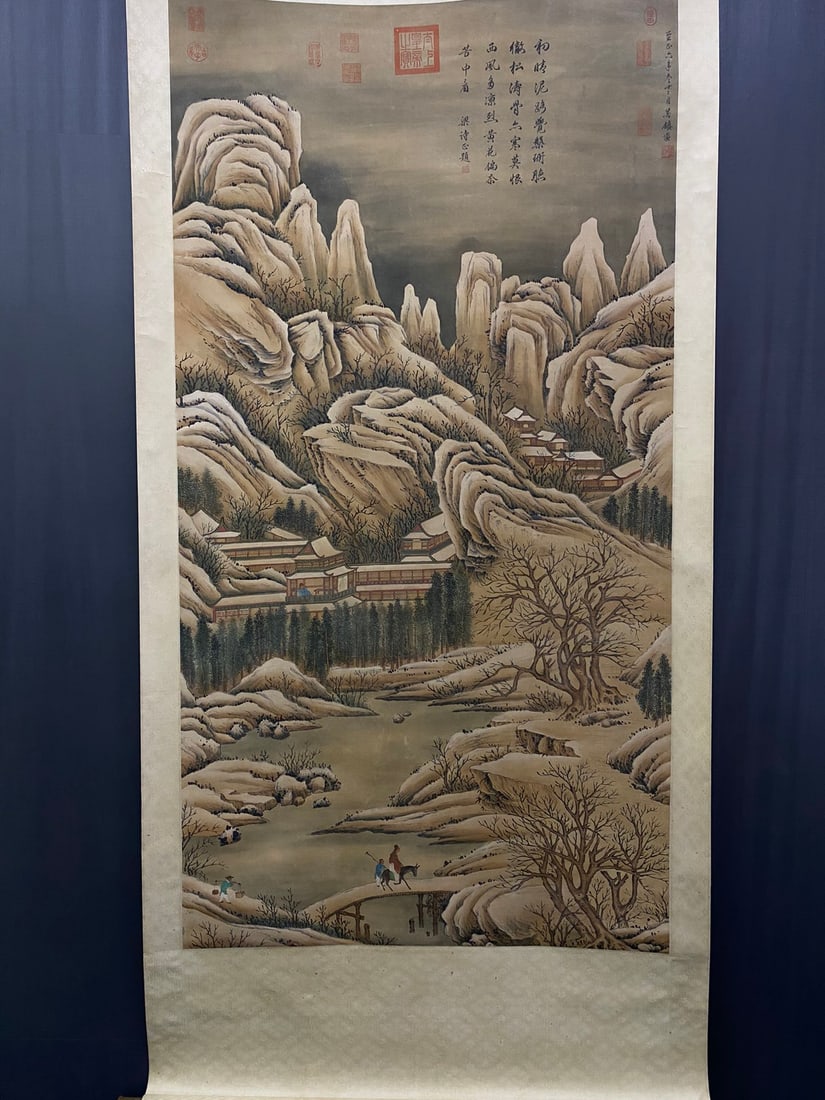 A Chinese Vertical Scroll Ink Painting of Landscape on Silk: A Chinese Vertical Scroll Ink Painting of Landscape on Silk,Yuan Dynasty, China,Wu Zhen,without frame size:88.5cmx170cm ?????????????,????,???