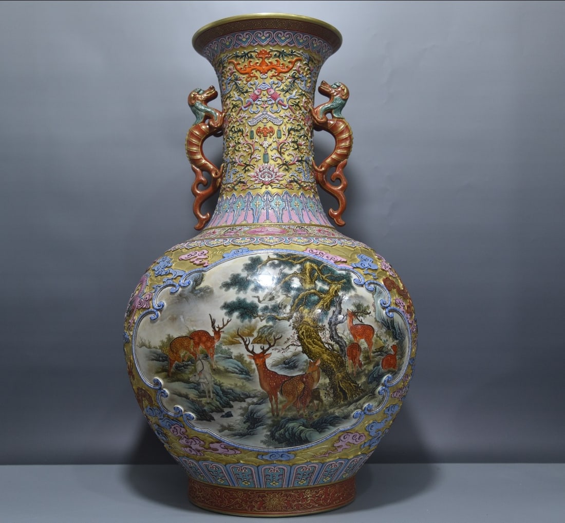 A Exquisite Enamel Deer Pattern Dragon-Ears Vase: A Exquisite Enamel Deer Pattern Dragon-Ears Vase,Qing Dynasty, China,Qianlong Six-character Mark,Size:61cmx20cmx30cm ?????????,????,?????