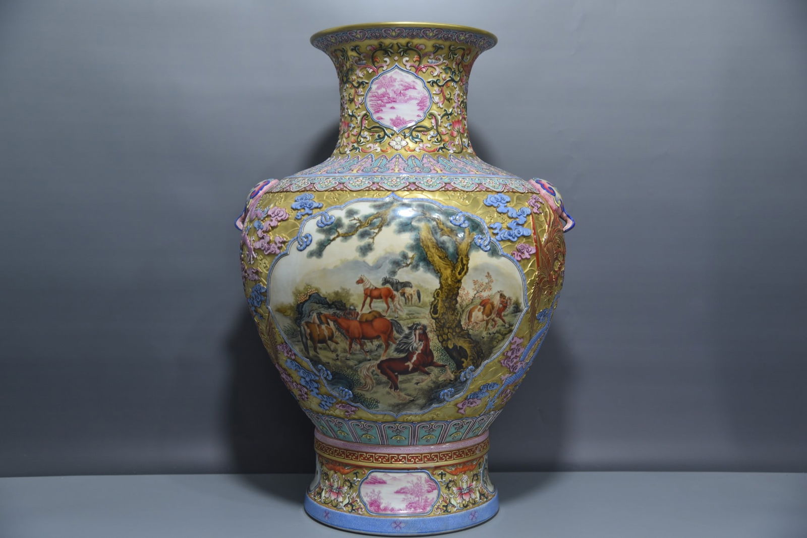 A Exquisite Gold Ground Famille-Rose Dragon and Phoenix Pattern Double-Ears Vase (1 of 8)