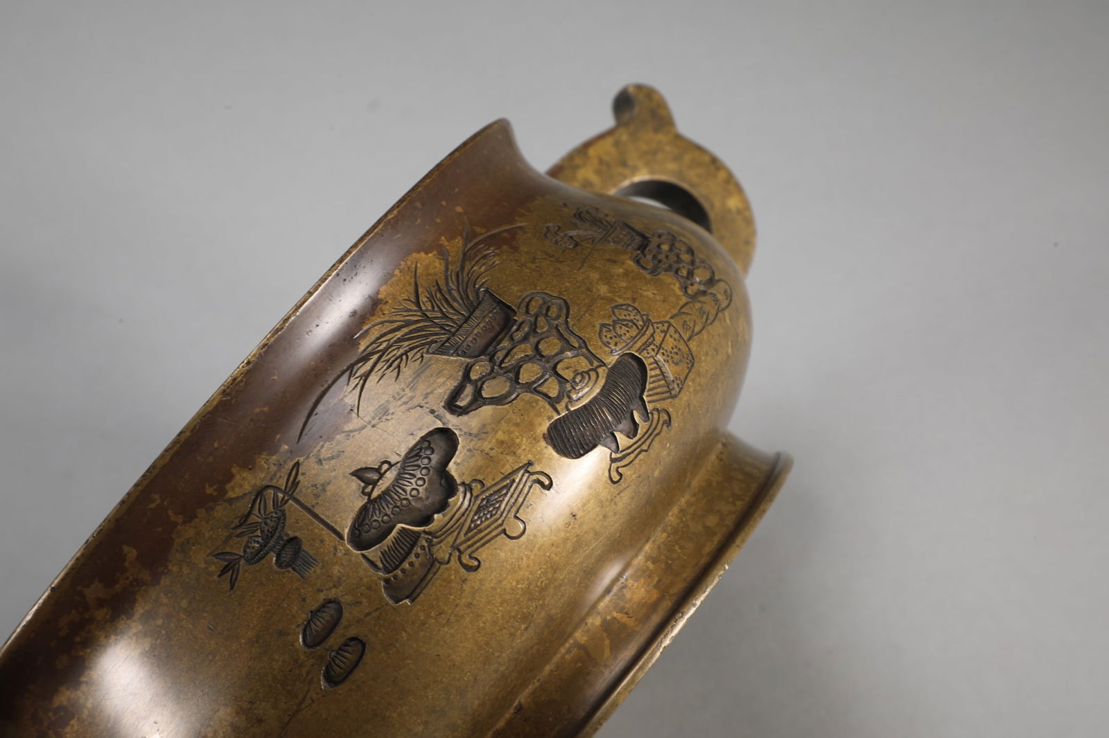 A Exquisite Coppery Flower Pattern Double-Ears Censer - 8