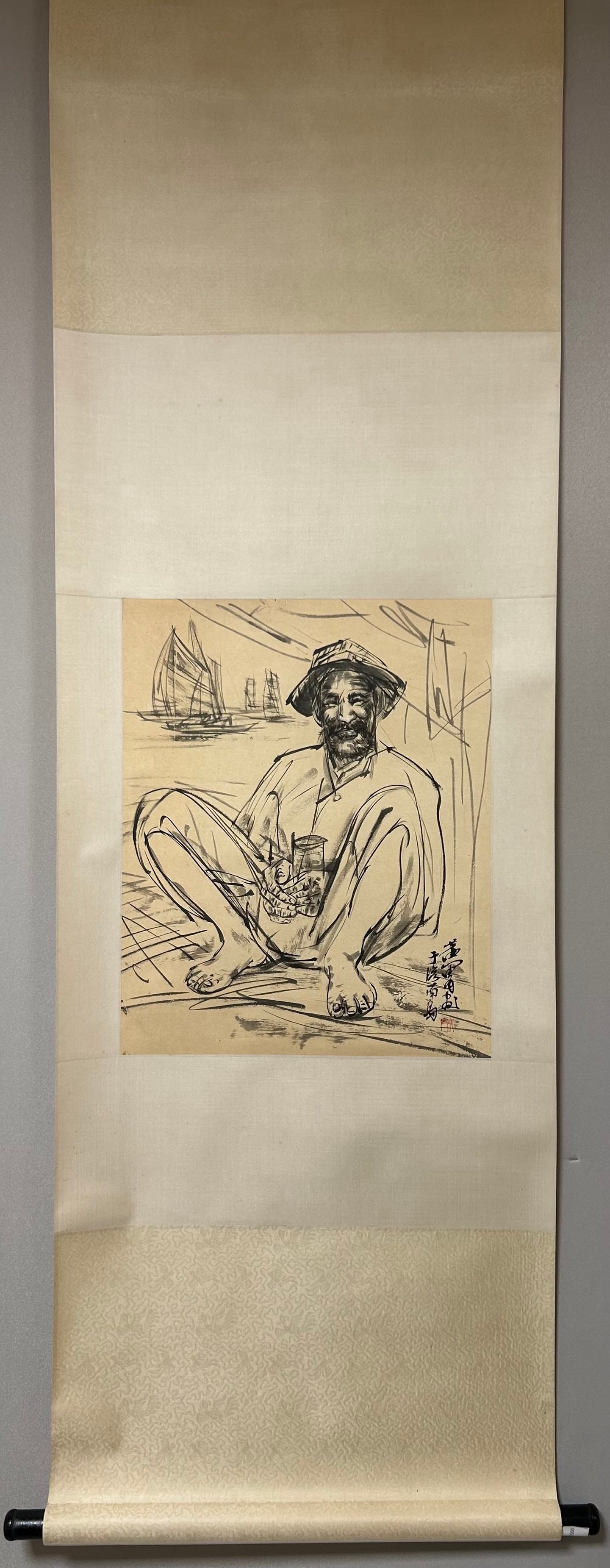 A Chinese Vertical Scroll Ink Painting of Figure on Paper: A Chinese Vertical Scroll Ink Painting of Figure on Paper,Modern Time of China,Huang Zhou,without frame size:35cmx45cm ?????????????,???,??