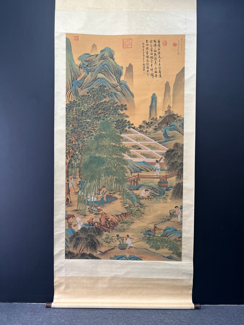 A Chinese Vertical Scroll Ink Painting of Figures on Silk: A Chinese Vertical Scroll Ink Painting of Figures on Silk,Song Dynasty, China,Liu Songnian,without frame size:88cmx168.5cm ?????????????,????,????