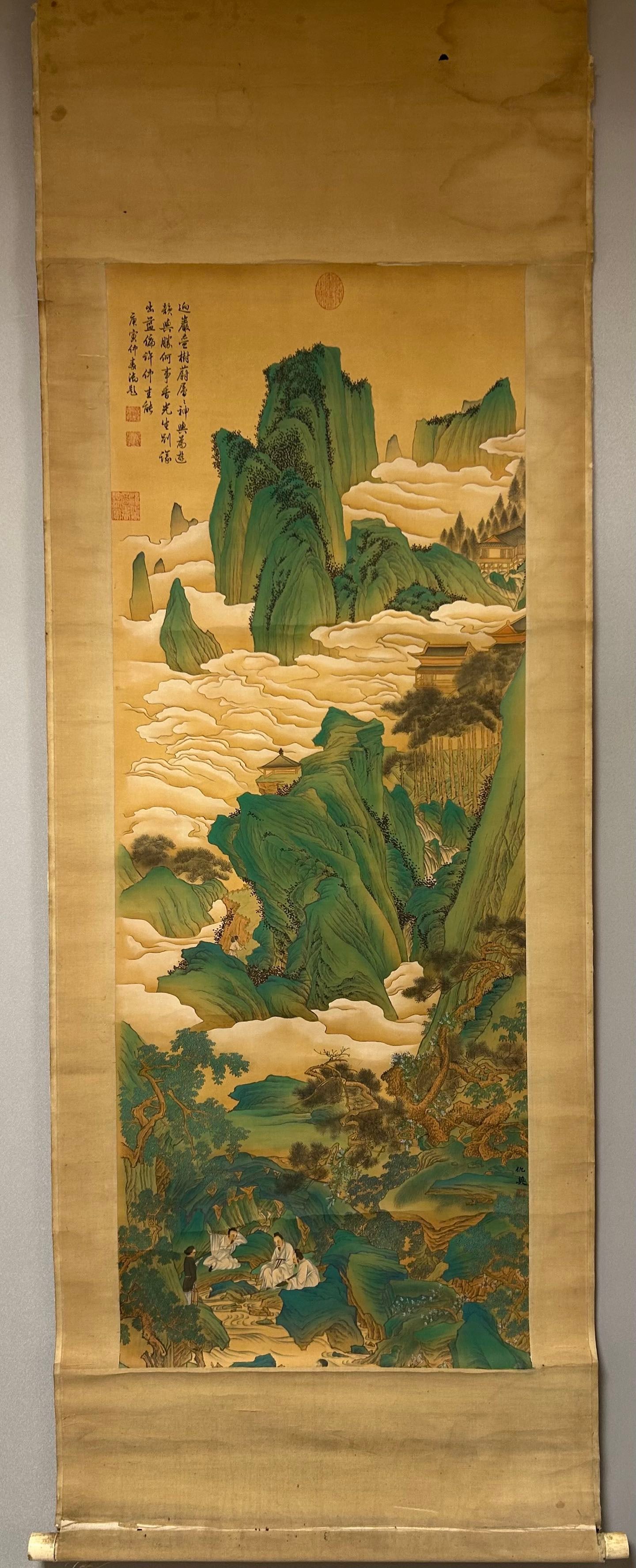 A Chinese Vertical Scroll Ink Painting of Landscape on Silk: A Chinese Vertical Scroll Ink Painting of Landscape on Silk,Ming Dynasty, China,Qiu Ying,without frame size:130cmx50cm ?????????????,????,??