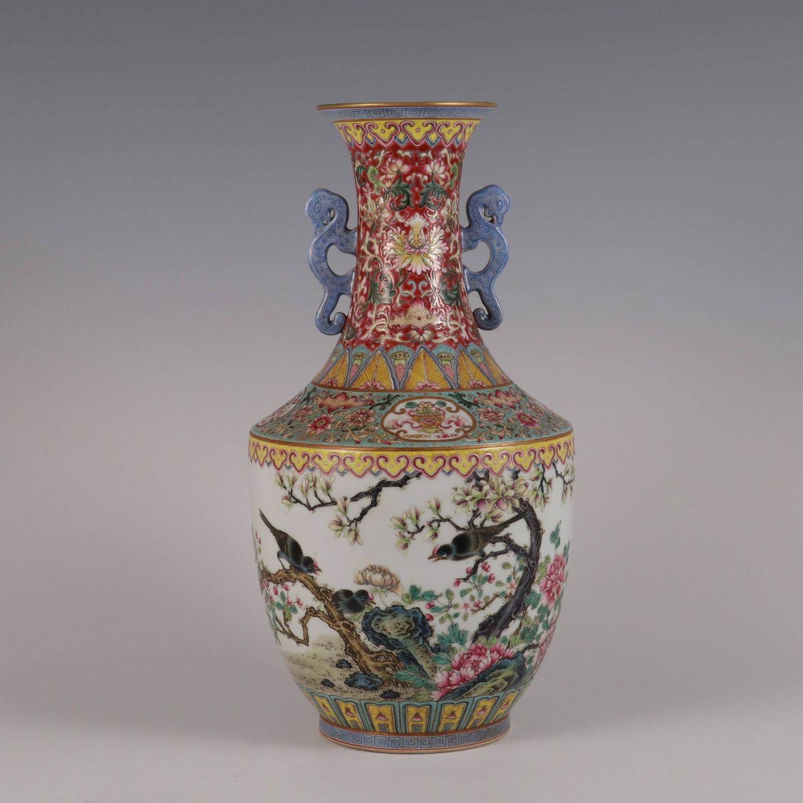 A Rare Famille Rose Inscribed Flower and Bird Pattern Li Dragon Ear Vase: A Rare Famille Rose Inscribed Flower and Bird Pattern Li Dragon Ear Vase,Qing Dynasty, China,Qianlong Six-character Mark,Size:32.5cmx16.5cm ???????????,????,?????