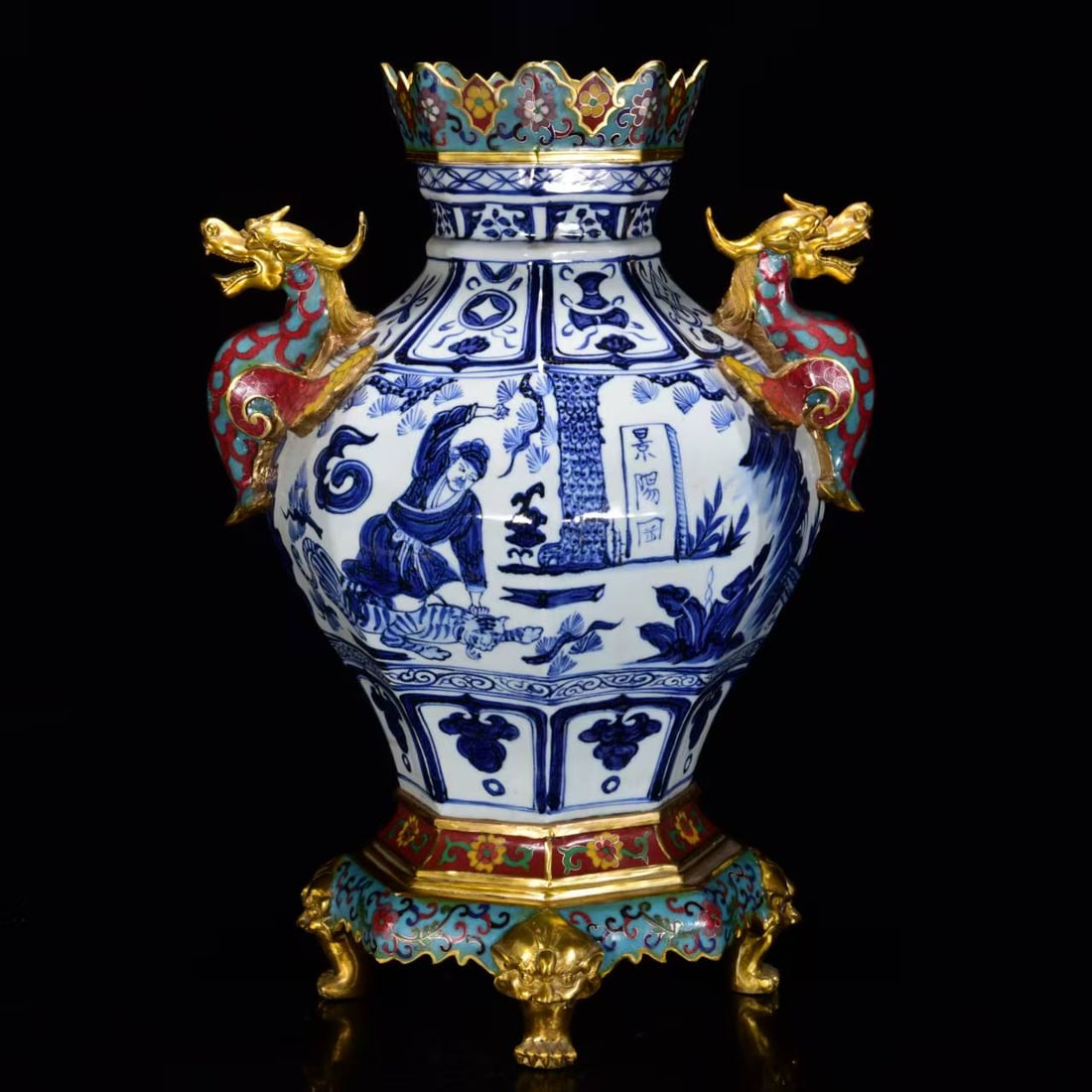 A Rare Blue and White Cloisonne Figures Pattern Jar: A Rare Blue and White Cloisonne Figures Pattern Jar,Yuan Dynasty, China,Size:56cmx38cm ???????????????,????