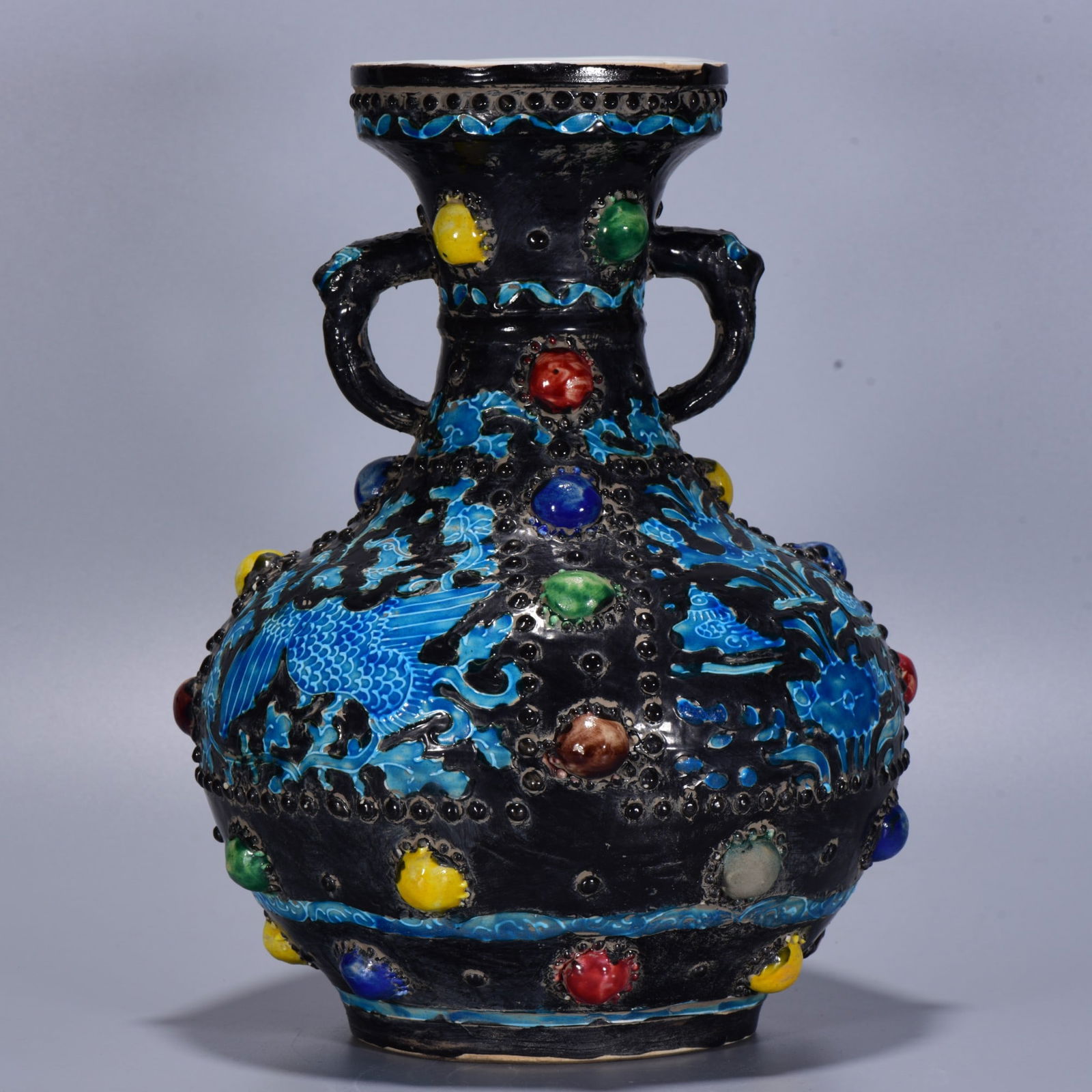 A Rare Enamel Glazed Phoenix Pattern Elephant-Ears Vase: A Rare Enamel Glazed Phoenix Pattern Elephant-Ears Vase,Ming Dynasty, China,Yongle Four-character Mark,Size:32cmx24cm ?????????,????,??????