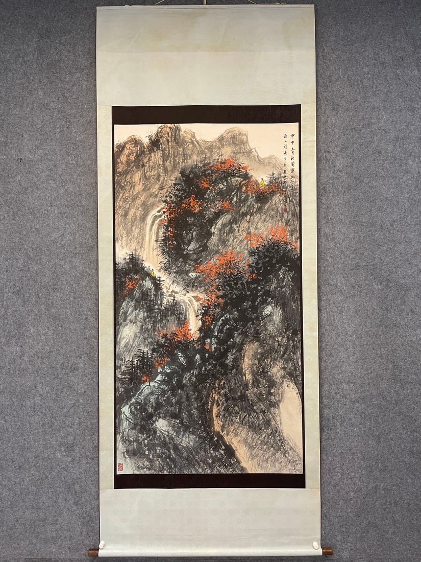 A Chinese Vertical Scroll Ink Painting of Landscape on Paper: A Chinese Vertical Scroll Ink Painting of Landscape on Paper,Modern Time of China,Fu Baoshi,without frame size:110cmx275cm ?????????????,???,???