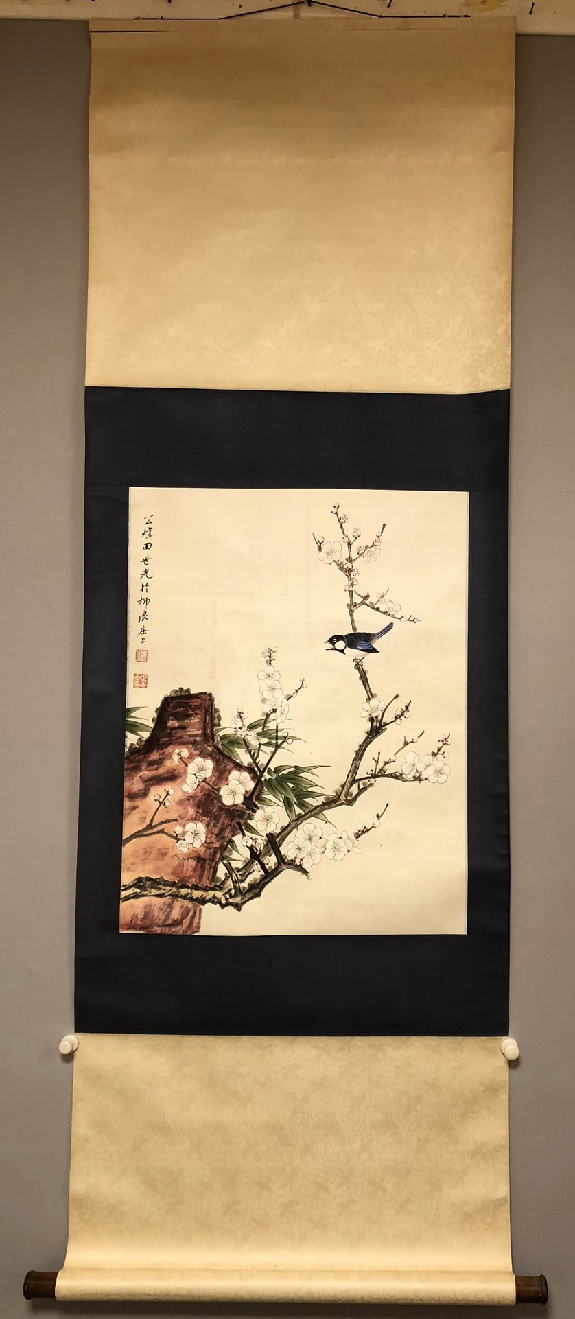 A Chinese Vertical Scroll Ink Painting of Flowers and Birds on Paper: A Chinese Vertical Scroll Ink Painting of Flowers and Birds on Paper,Modern Time of China,Tian Shiguang,Size:50cmx64cm ?????????????,???,???
