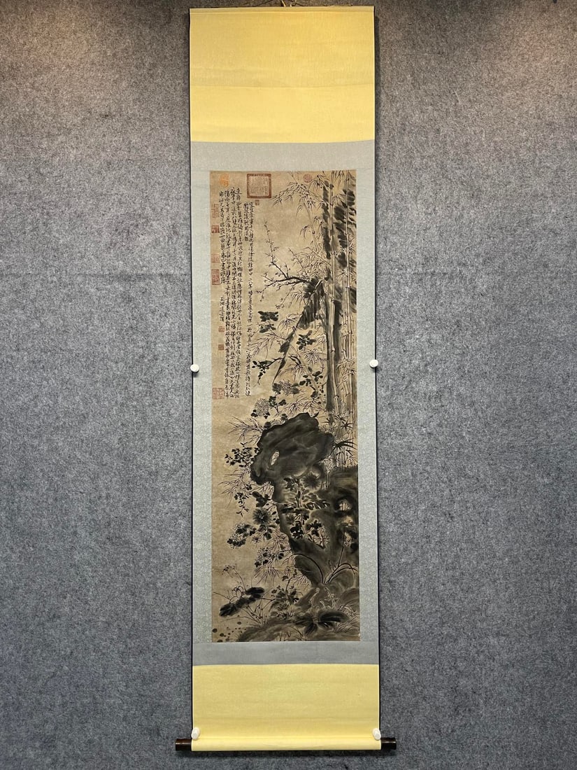 A Chinese Vertical Scroll Ink Painting of Bamboo on Paper: A Chinese Vertical Scroll Ink Painting of Bamboo on Paper,Ming Dynasty, China,Xu Wei,without frame size:60cmx230cm ?????????????,????,???