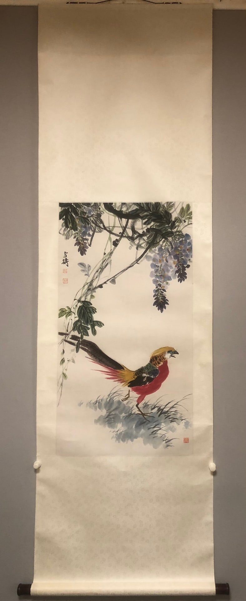 A Chinese Vertical Scroll Ink Painting of Flowers and Birds on Paper: A Chinese Vertical Scroll Ink Painting of Flowers and Birds on Paper,Modern Time of China,Wang Xuetao,Size:46cmx88cm ?????????????,???,???