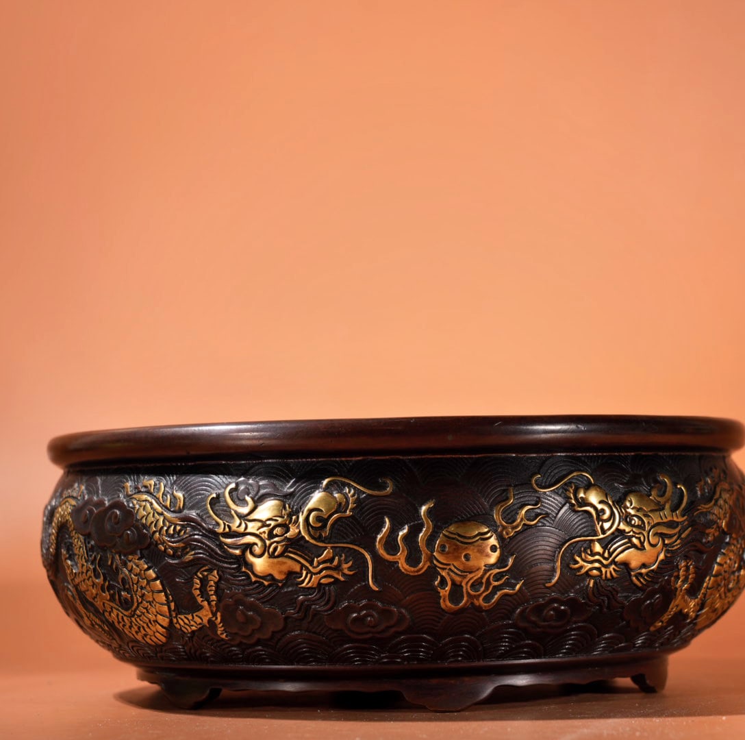 A Exquisite Gilt Bronze Dragon Pattern Basin - 4