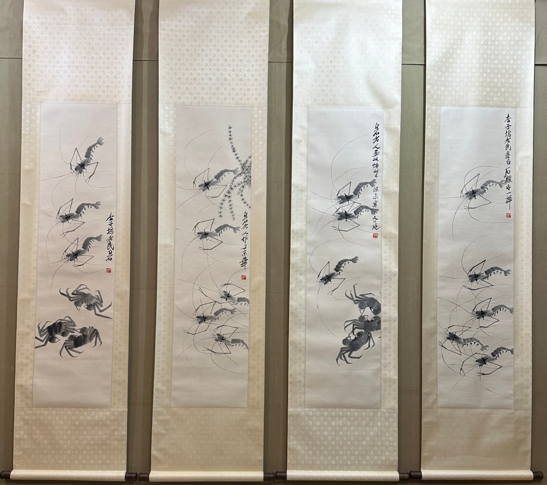A Set of Chinese Vertical Scroll Ink Painting of Shrimp on Paper: A Set of Chinese Vertical Scroll Ink Painting of Shrimp on Paper,Modern Time of China,Qi Baishi,without frame size:34cmx136cm ????????????,???,????