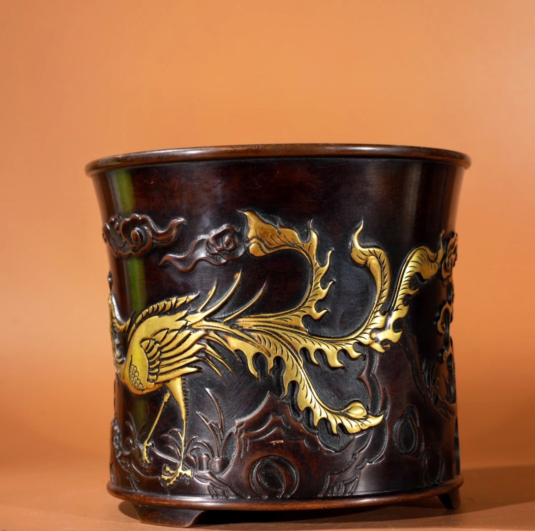 A Exquisite Gilt Bronze Phoenix Pattern Brush Pot - 5