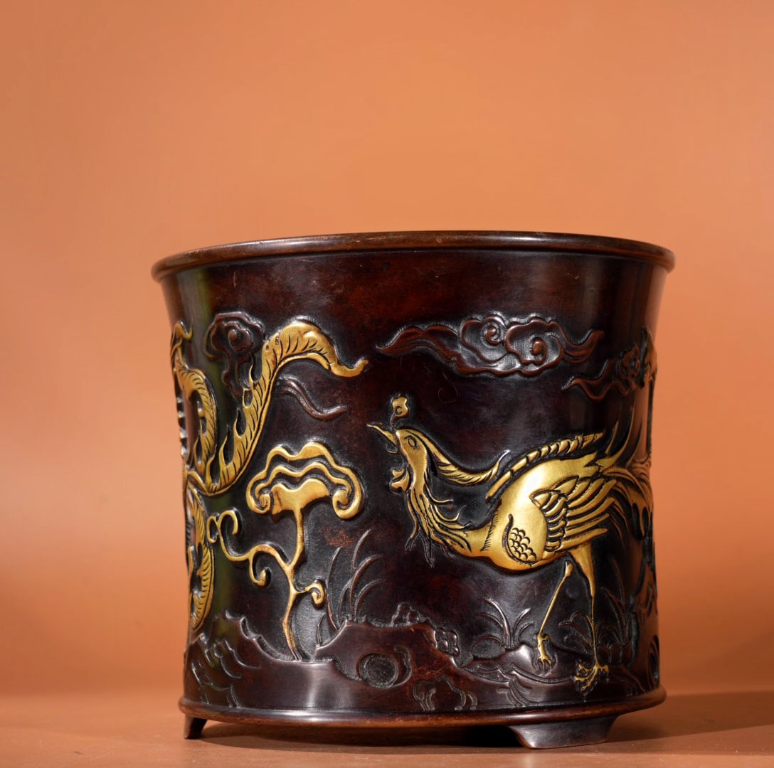 A Exquisite Gilt Bronze Phoenix Pattern Brush Pot - 6