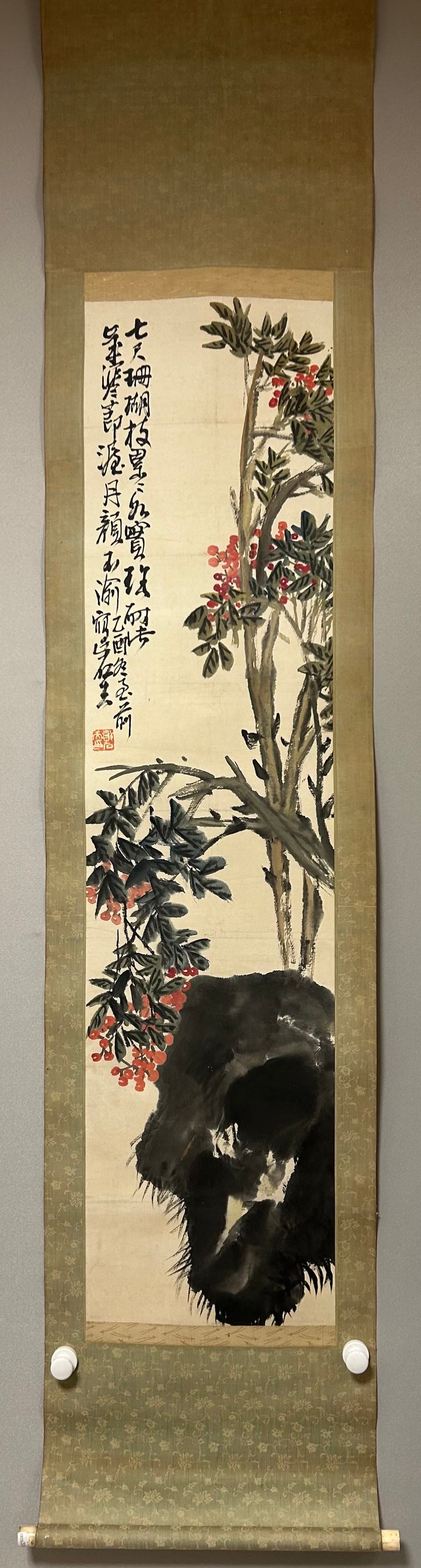 A Chinese Vertical Scroll Ink Painting of Flower on Paper: A Chinese Vertical Scroll Ink Painting of Flower on Paper,Modern Time of China,Guo Shifu,without frame size:138cmx35cm ??????????????,???,???