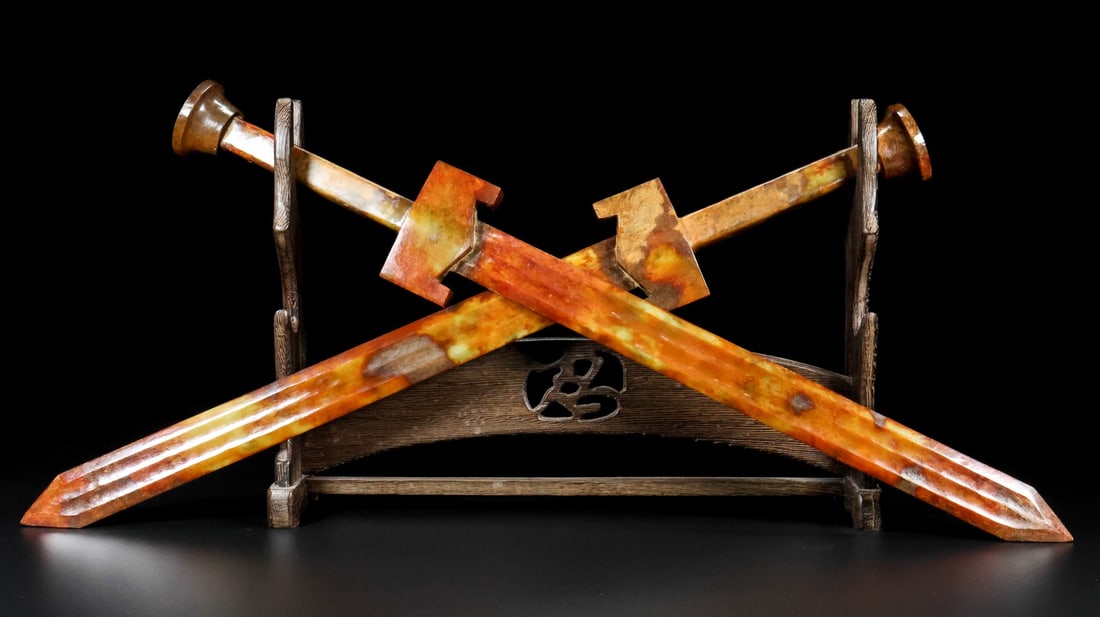 A pair of Exquisite Hotan Jade Sword: A pair of Exquisite Hotan Jade Sword,Han Dynasty, China,Size:54cmx7.5cmx3cm ??????,????