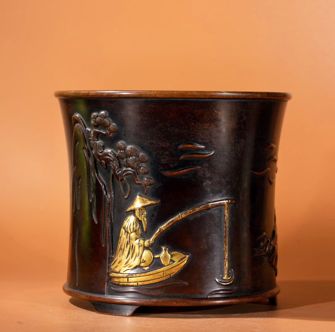 A Exquisite Gilt Bronze Landscape Pattern Brush Pot - 6