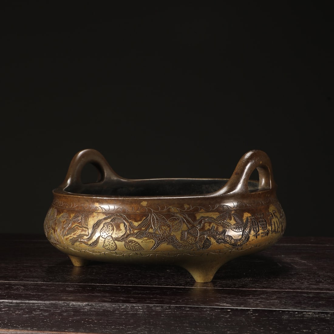 A Exquisite Coppery Flower Pattern Double-Ears Censer - 4