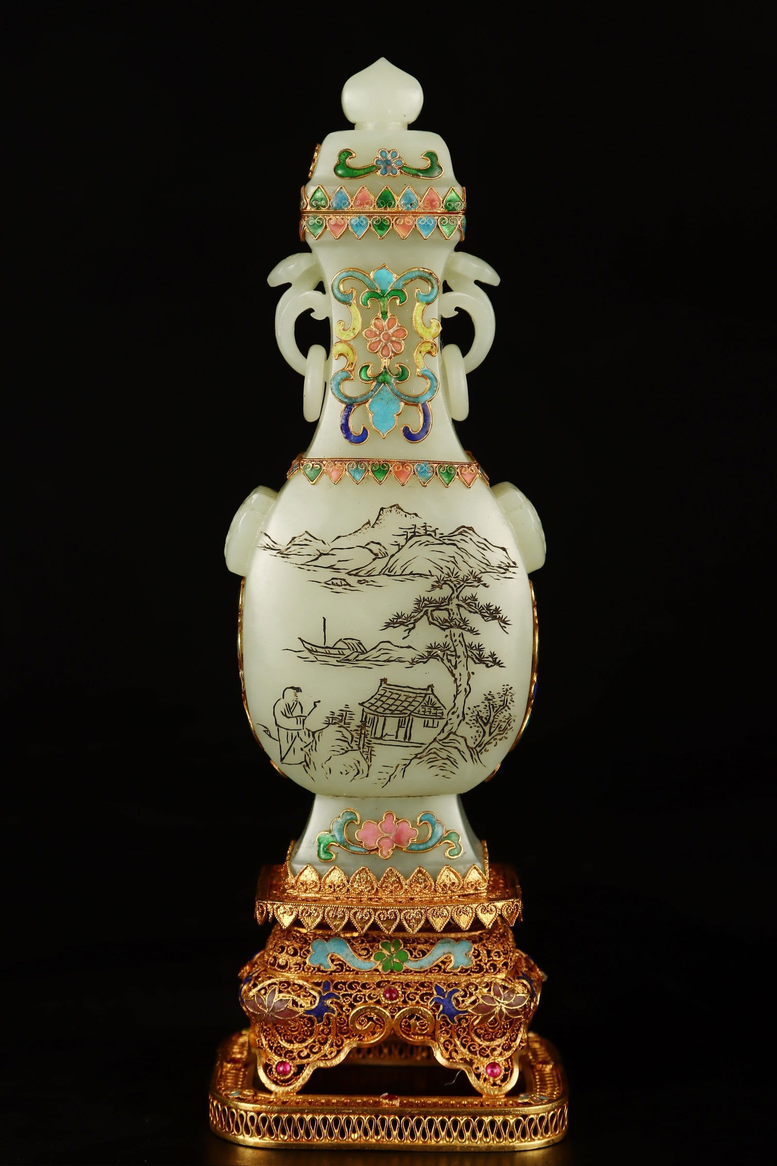 Filigree Gilt Jade-Inlaid Landscape Pattern Vase: Filigree Gilt Jade-Inlaid Landscape Pattern Vase,Qing Dynasty, China,Qianlong Four-character Mark,Size:24cmx8cm,Weight:460g ????????????,????,?????
