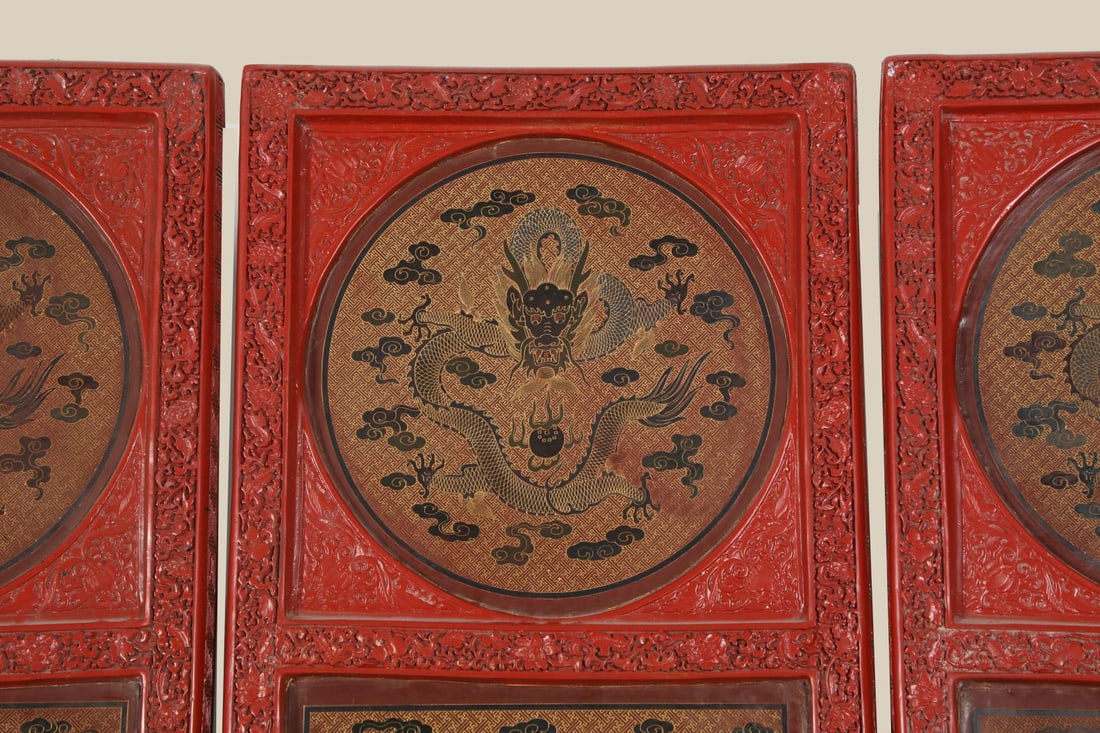 A Exquisite Red-lacquered Painted Gold Dragon Pattern Screen - 5
