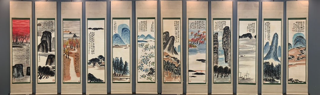 A Set of Chinese Vertical Scroll Ink Paintings of Landscape on Paper: A Set of Chinese Vertical Scroll Ink Paintings of Landscape on Paper,Modern Time of China,Qi Baishi,without frame size:60cmx265cm ?????????????,???,????