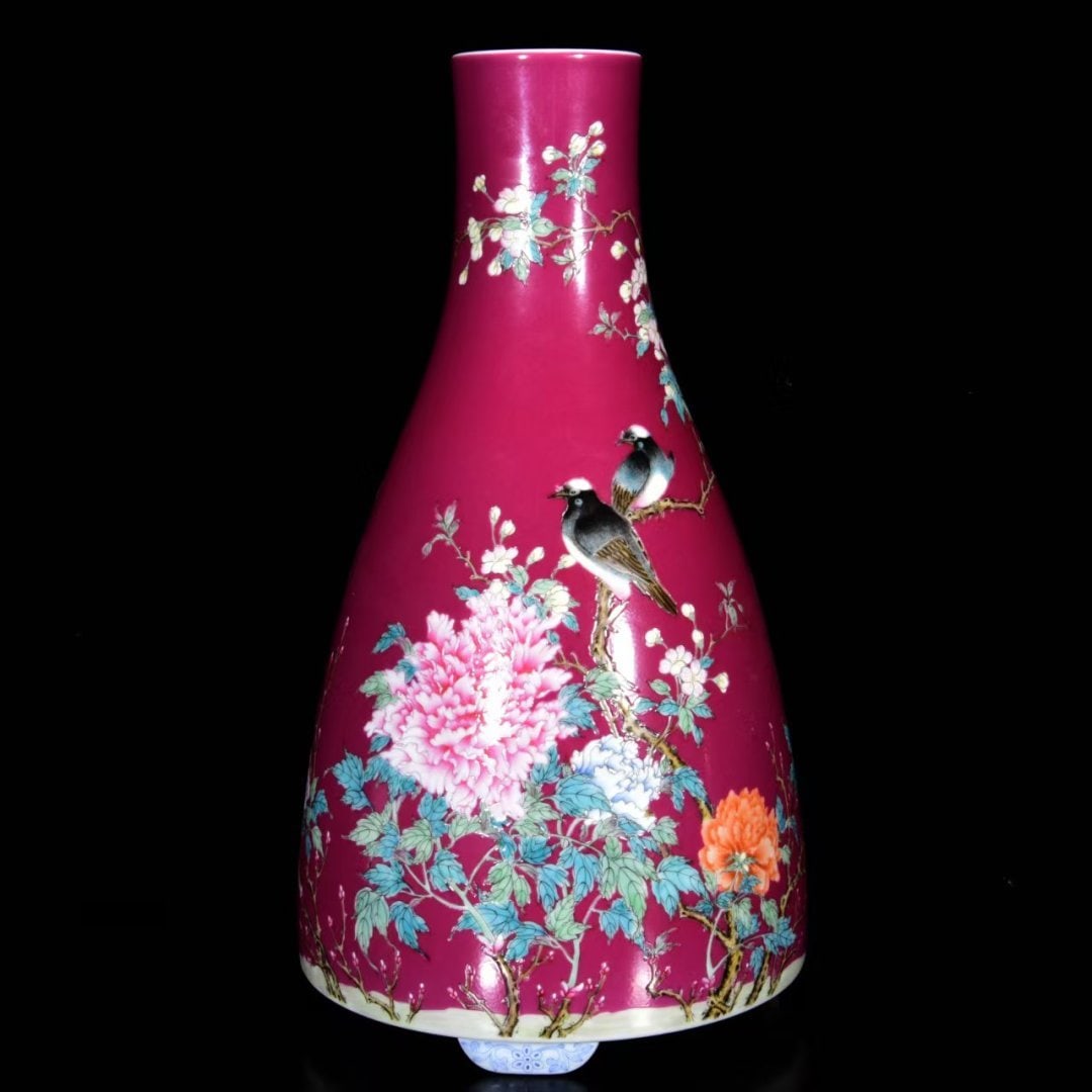 An Exquisite Ruby Red-Glazed Famille-Rose Flower and Bird Pattern Vase: An Exquisite Ruby Red-Glazed Famille-Rose Flower and Bird Pattern Vase,Qing Dynasty,China,Yongzheng Six-character Mark,Size:10.6inx5.5in 胭脂红釉粉彩花鸟