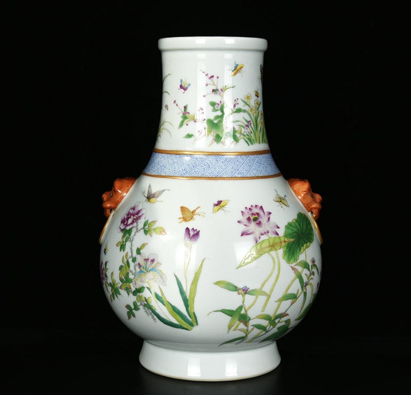 An Exquisite Enamel Painted Gold Flower and Butterfly Pattern Beast-Ears Vase: An Exquisite Enamel Painted Gold Flower and Butterfly Pattern Beast-Ears Vase,Qing Dynasty,China,Qianlong Six-Character Mark,Size:11.2inx7.9in 珐琅彩描金花卉&