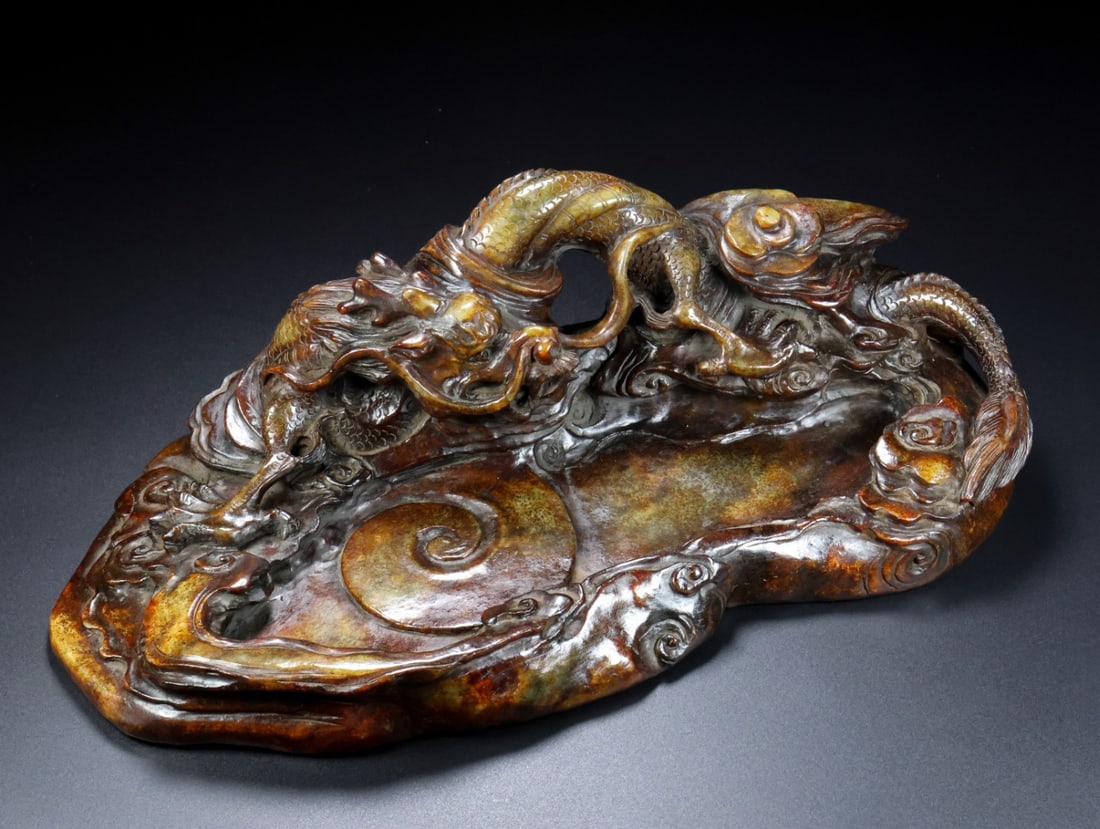 An Archaic Gaogu yu Dragon Pattern Washer: An Archaic Gaogu yu Dragon Pattern Washer,Ancient Time, China,Size:15.9inx5inx6.7in,Weight:6.7kg 高古玉龙纹洗,中国远古时期