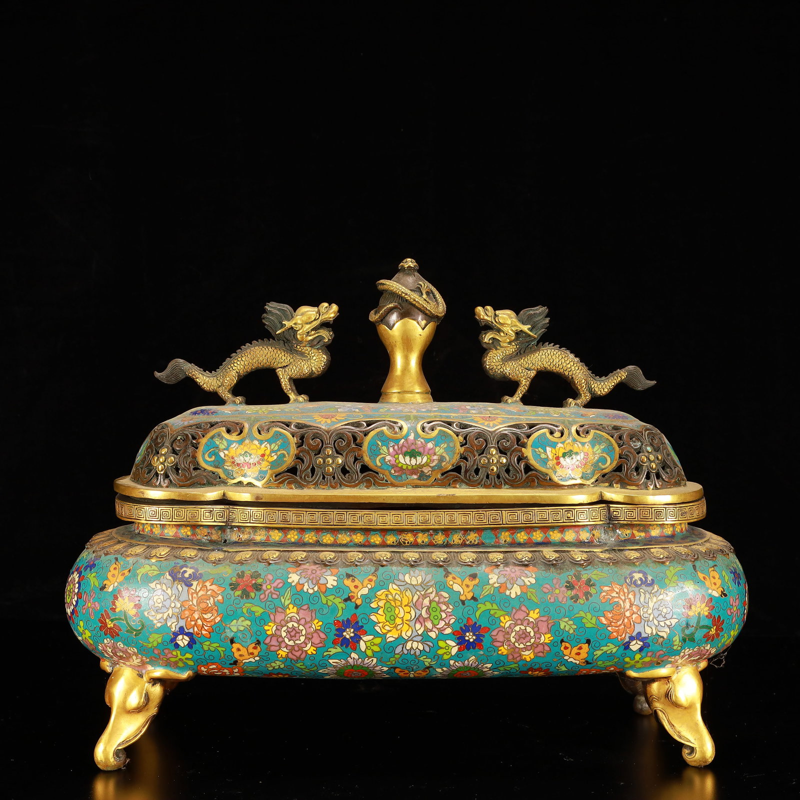 A Huge Cloisonne Flower and Butterfly Pattern Dragon-Ears Elephant-Legs Censer: A Huge Cloisonne Flower and Butterfly Pattern Dragon-Ears Elephant-Legs Censer,(A type of enamelware with metal wires separating colored glaze, originating in China),Ming Dynasty,China,Xuande