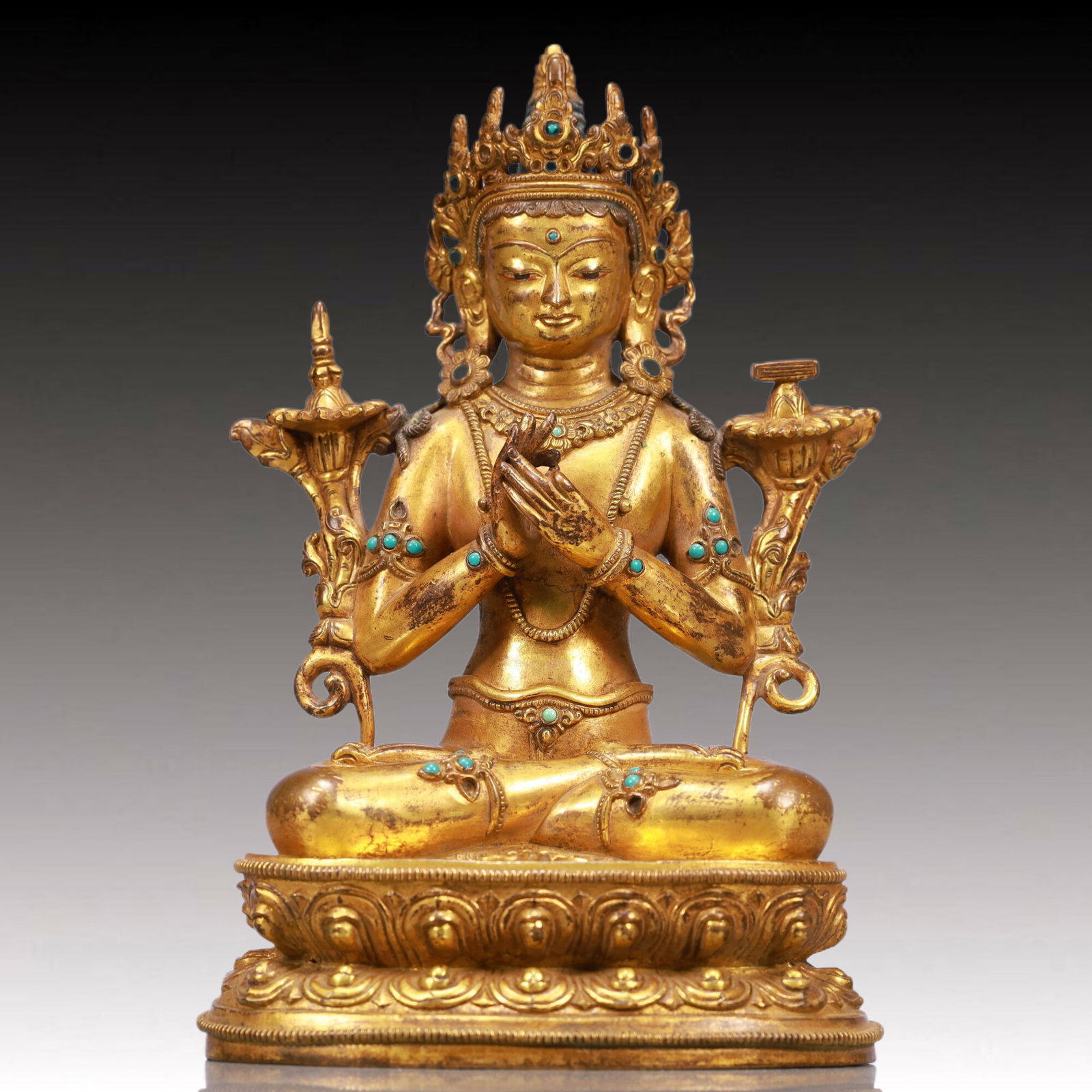 A Solemn Statue of Avalokitesvara, Inlaid Gems: A Solemn Statue of Avalokitesvara, Inlaid Gems, Qing Dynasty, China, Size:12x8x7.3in, Weight:1500g 