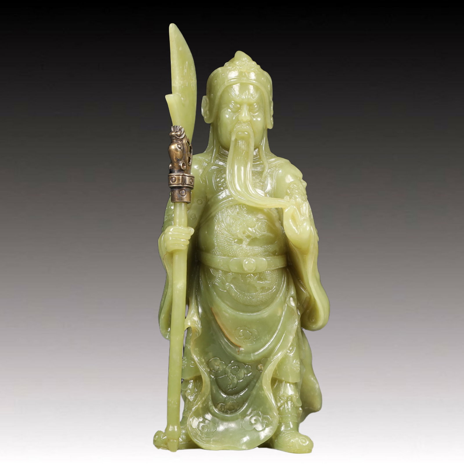An Exquisite Yellow Jade Statue of 'Guan yu': An Exquisite Yellow Jade Statue of 'Guan yu',Qing Dynasty, China,Size:3.9inx2inx8.7in,Weight:1350g 黄玉关羽像,中国清代