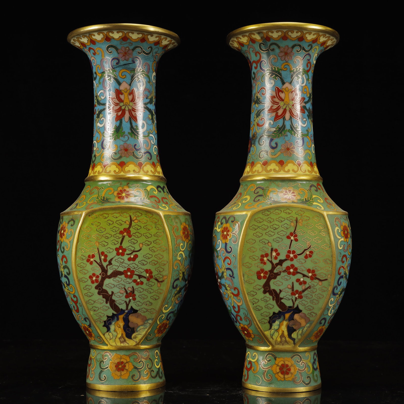 A Pair of Huge Cloisonne Plum Blossom Lotus Pattern Vases: A Pair of Huge Cloisonne Plum Blossom and Lotus Pattern Vases,Qing Dynasty, China,Qianlong Four-character Mark,Size:5.1inx4.7inx15in,Weight:5550g 