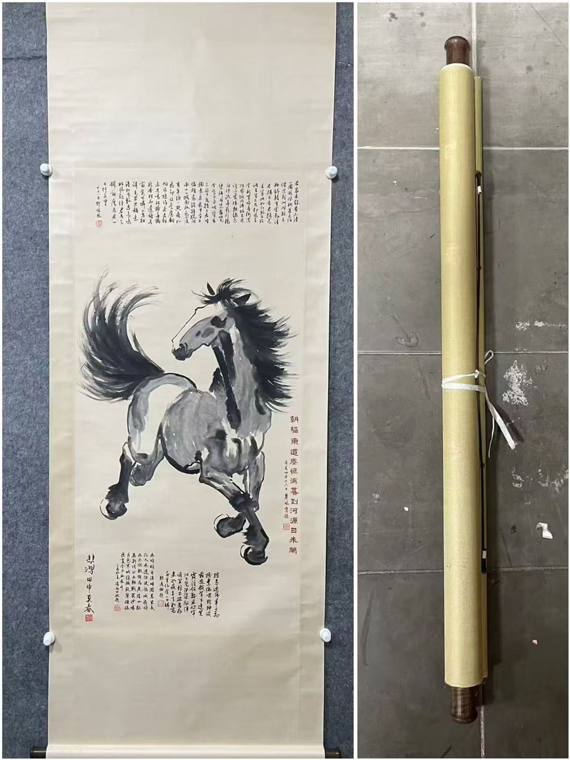 A Chinese Vertical Scroll Ink Painting of Horse on Paper: A Chinese Vertical Scroll Ink Painting of Horse on Paper,Xu Beihong,Size:26.8inx53.9in 