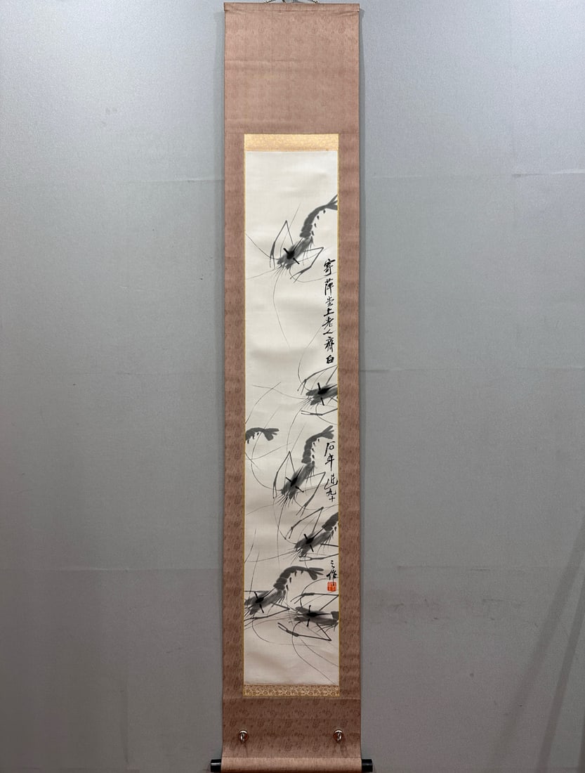 A Chinese Vertical Scroll Ink Painting of Shrimp on Paper: A Chinese Vertical Scroll Ink Painting of Shrimp on Paper,Qi Baishi,Size:9.8inx53.5in 一幅中国水墨虾画立轴,齐白石