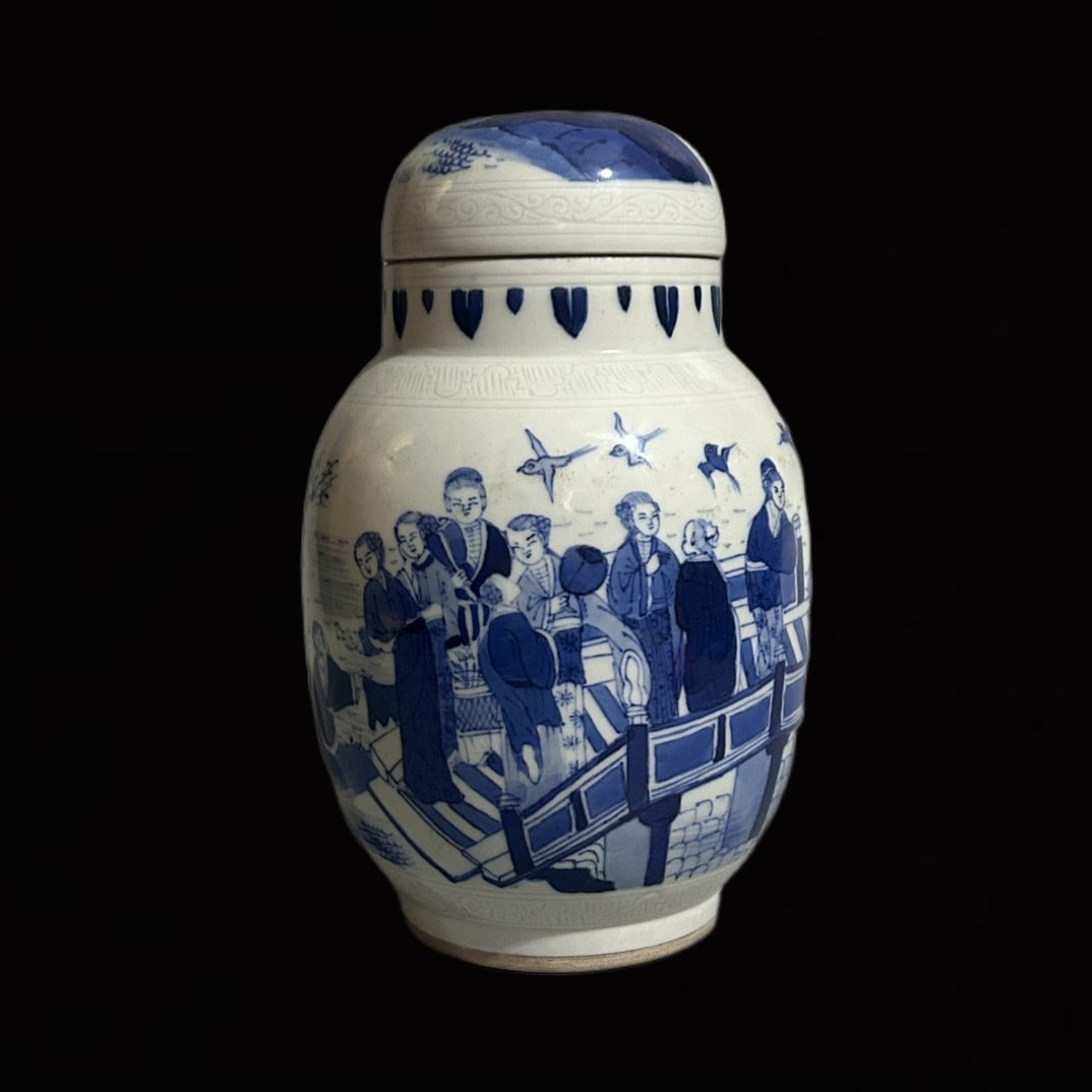 An Exquisite Blue and White Character and Story Pattern Jar with Cover: An Exquisite Blue and White Character and Story Pattern Jar with Cover,Qing Dynasty,China,Size:4.1inx3.3in