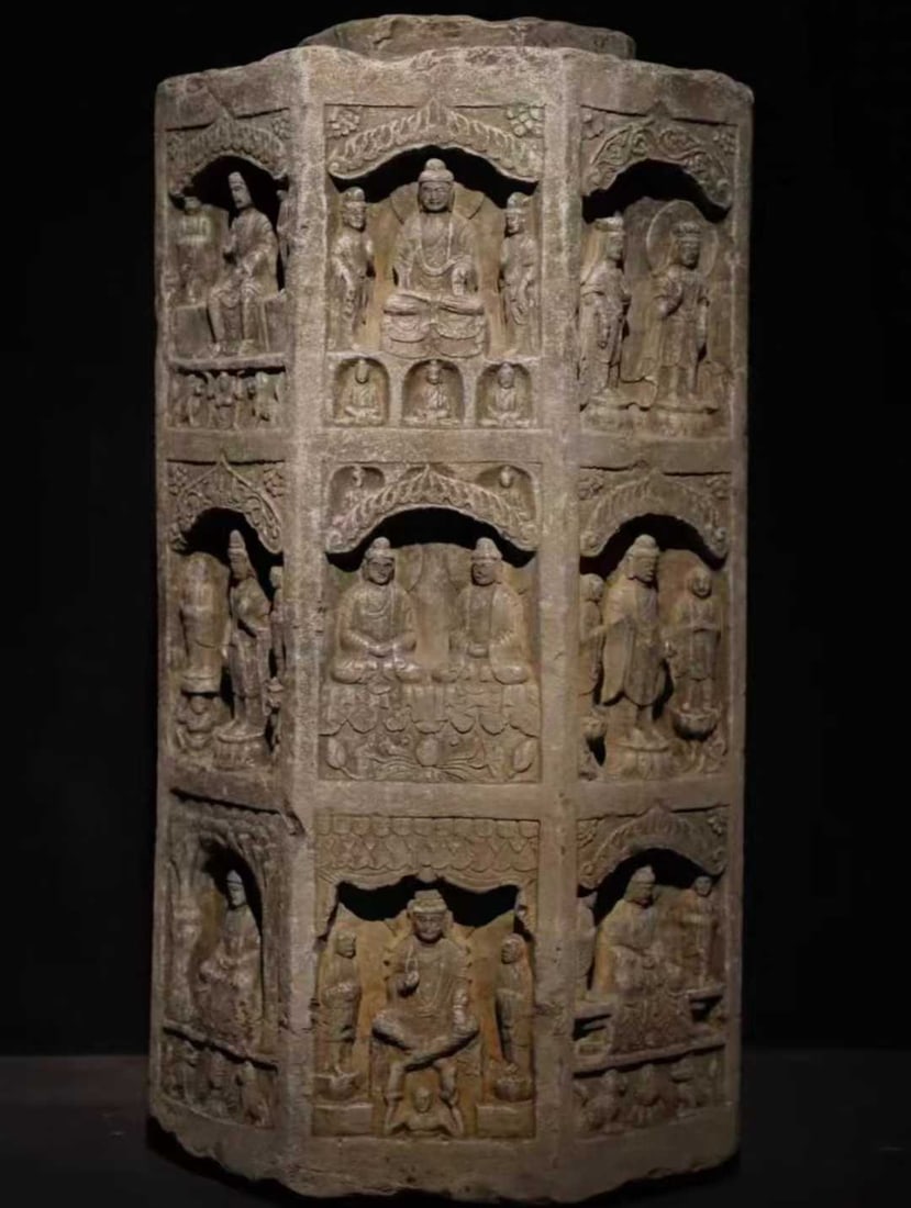 A Solemn Limestone Craved Buddha Pillar - 6