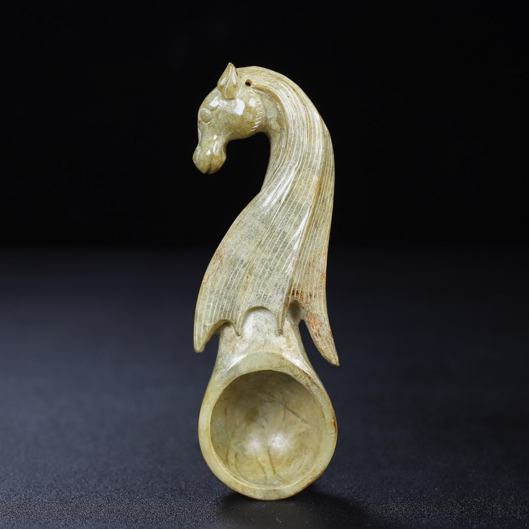 An Exquisite White Jade Horse Pattern Spoon